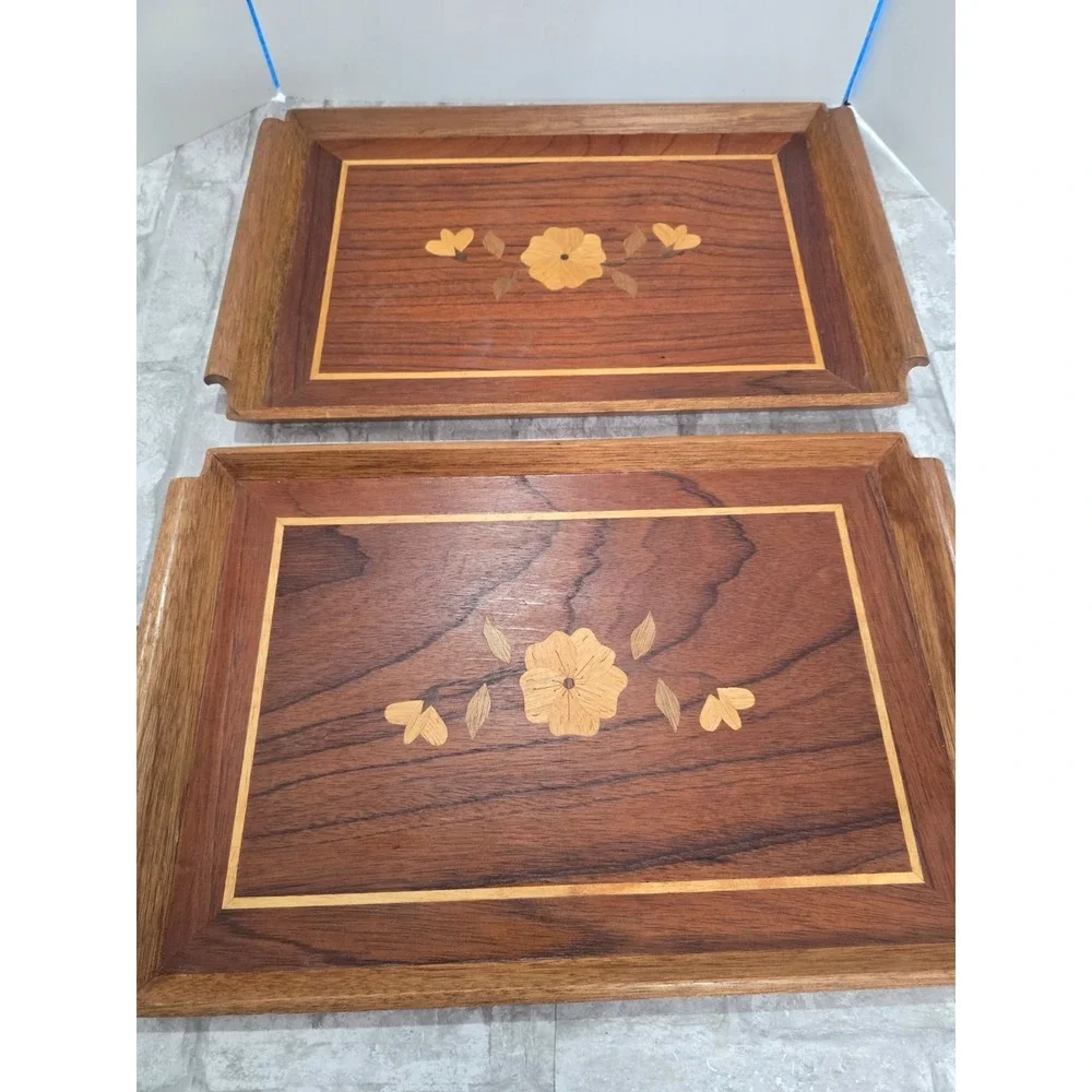 2 Vintage Mid Century Riekes Crisa Wood Inlay Tray Spline Joints Floral Motif